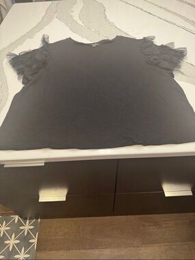 Lea & Viola Black Short Sleeve Tee with Ruffle Mesh Sleeves Never Worn Sz 2X